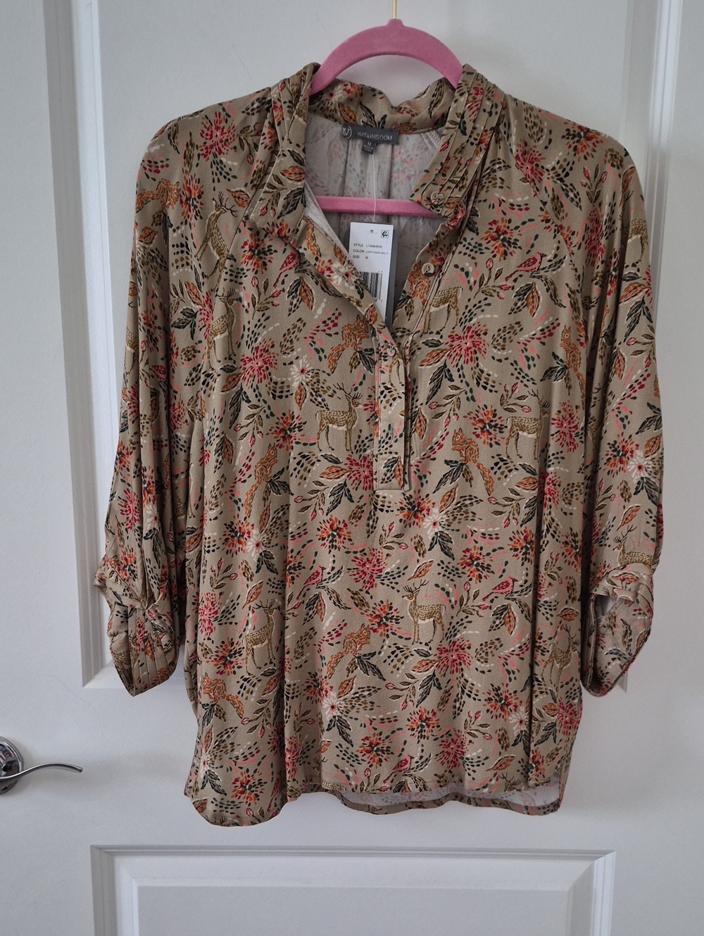 Floral & Deer Print Beige Button-Front Women's Blouse